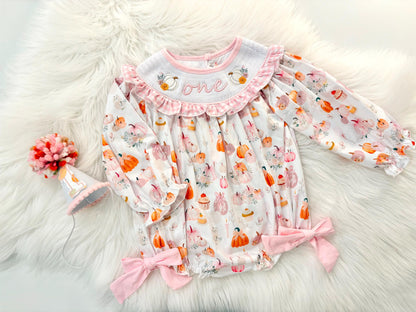 pink pumpkin bow first birthday girl romper blush pink orange floral and white outfit, pink and white gingham smocked bubble romper first birthday fall pumpkins ruffle bows embroidered smocked long sleeve 1st birthday outfit romper baby girls, the mod mango, the mod mango baby co baby boutique