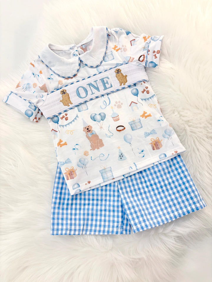 one golden year shirt first birthday boy shorts outfit blue white gingham blue tan beige gingham checkered outfit, ONE smocked bubble shirt first birthday puppy dog golden retriever, party puppy embroidered smocked 1st birthday outfit romper baby boys neutral blue and white shorts set, the mod mango baby boutique co
