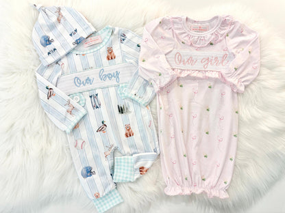 boy girl twins newborn girls pink and white baby gown with flowers for baby girl, our girl monogram baby shower gift for girl, light pink gingham baby gift, newborn coming home outfit, baby shower gift set, pregnancy announcement, custom newborn baby gown, boutique smocked baby gift set, the mod mango baby boutique co
