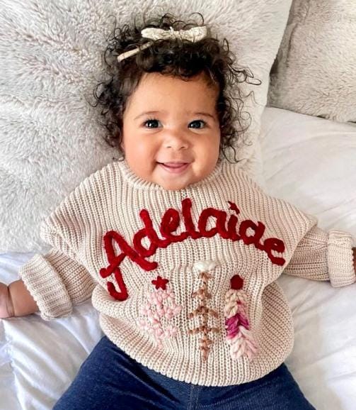 Hand Embroidered Baby Name Christmas Tree Holiday Sweater for Babies and Toddlers