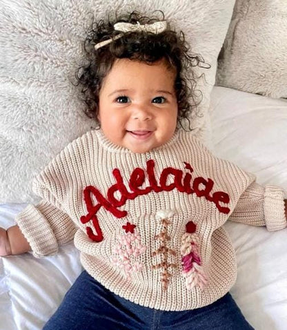 Hand Embroidered Baby Name Christmas Tree Holiday Sweater for Babies and Toddlers