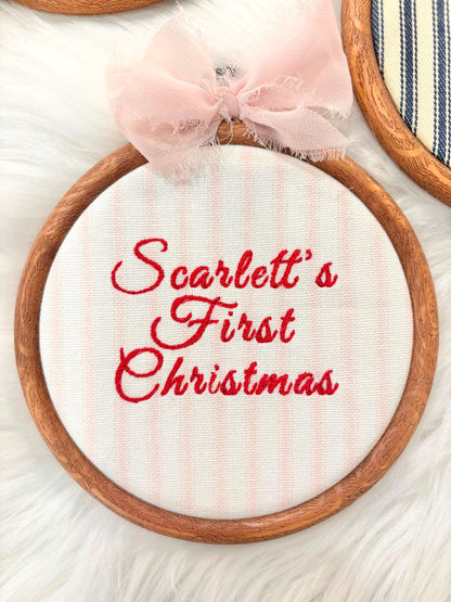 Pink and red Custom Name Embroidery Hoop, Newborn Baby&#39;s First Christmas Embroidered Hoop Ornament Keepsake Milestone baby name hoop, holiday baby embroidery customized baby name linen red blue pink beige neutral green gold, wooden embroidery hoop baby room decor, first milestone keepsake