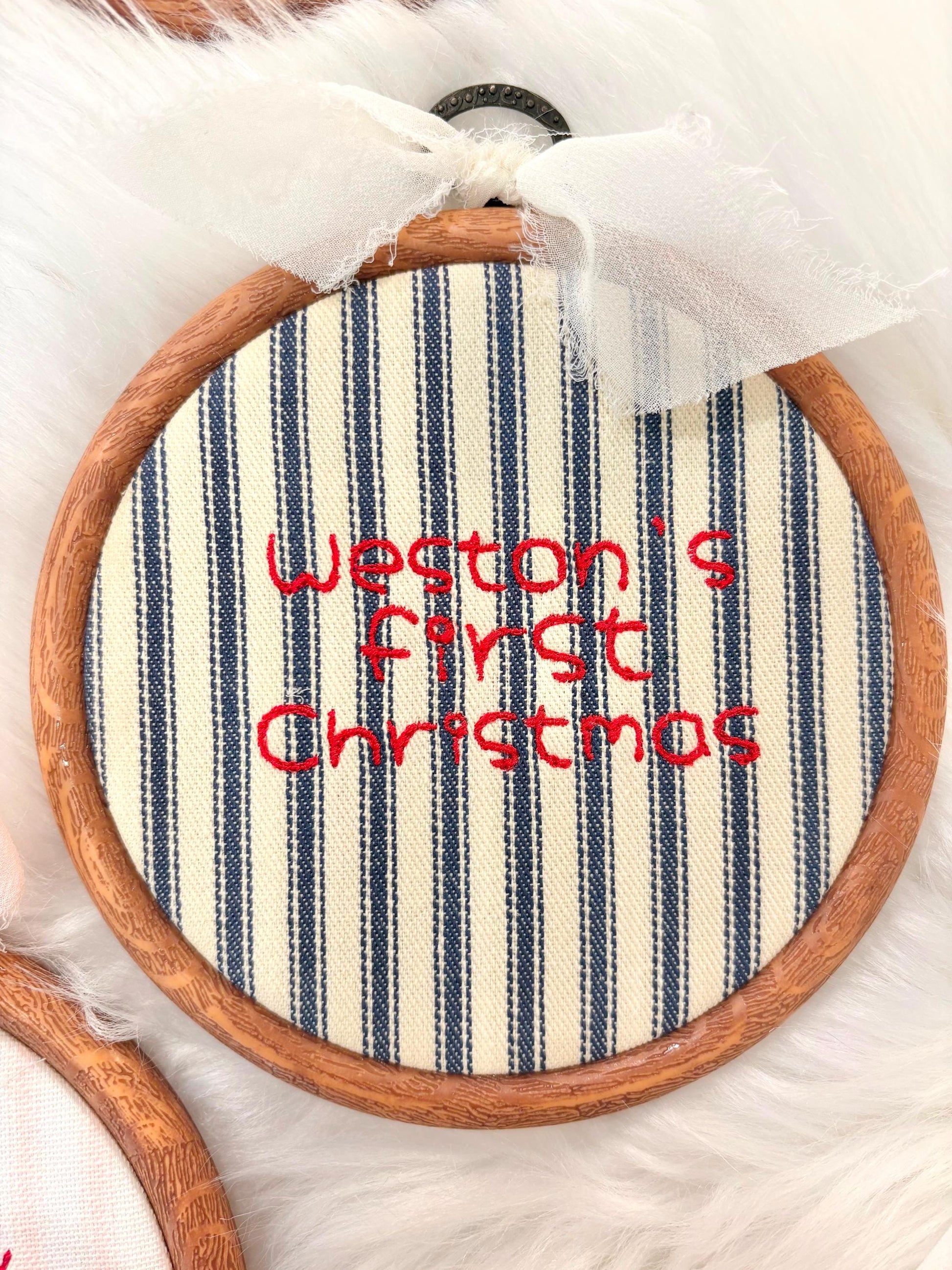 denim blue linen and red chambray Custom Name Embroidery Hoop, Newborn Baby&#39;s First Christmas Embroidered Hoop Ornament Keepsake Milestone baby name hoop, holiday baby embroidery customized baby name linen red blue pink beige neutral green gold, wooden embroidery hoop baby room decor, first milestone keepsake