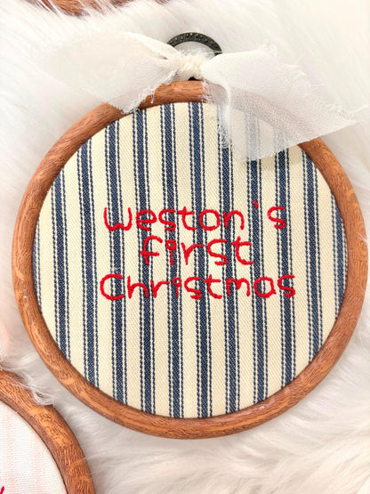 denim blue linen and red chambray Custom Name Embroidery Hoop, Newborn Baby&#39;s First Christmas Embroidered Hoop Ornament Keepsake Milestone baby name hoop, holiday baby embroidery customized baby name linen red blue pink beige neutral green gold, wooden embroidery hoop baby room decor, first milestone keepsake