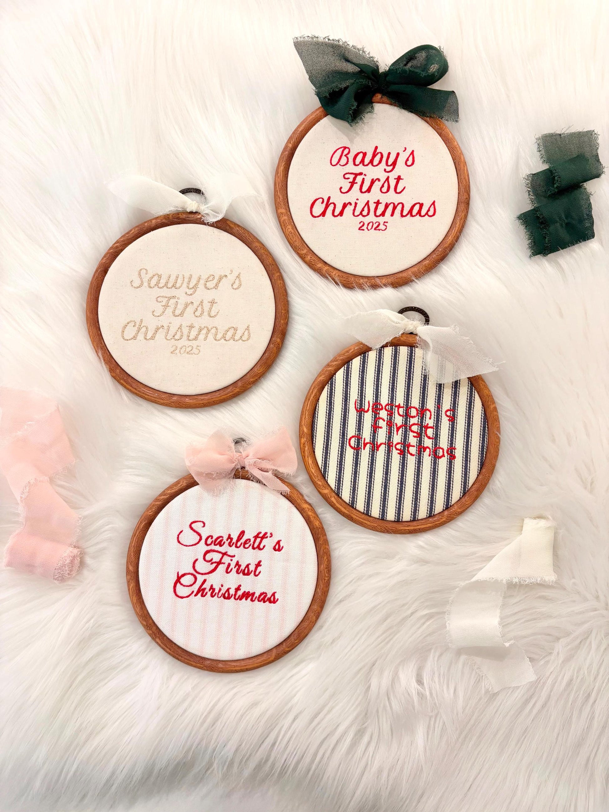 Custom Name Embroidery Hoop, Newborn Baby&#39;s First Christmas Embroidered Hoop Ornament Keepsake Milestone baby name hoop, holiday baby embroidery customized baby name linen red blue pink beige neutral green gold, wooden embroidery hoop baby room decor, first milestone keepsake