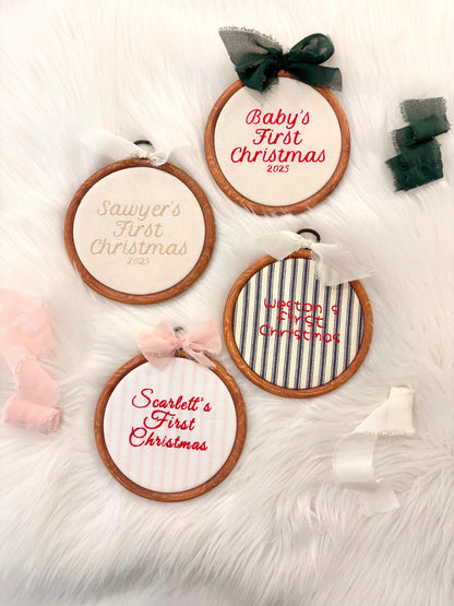 Custom Name Embroidery Hoop, Newborn Baby&#39;s First Christmas Embroidered Hoop Ornament Keepsake Milestone baby name hoop, holiday baby embroidery customized baby name linen red blue pink beige neutral green gold, wooden embroidery hoop baby room decor, first milestone keepsake