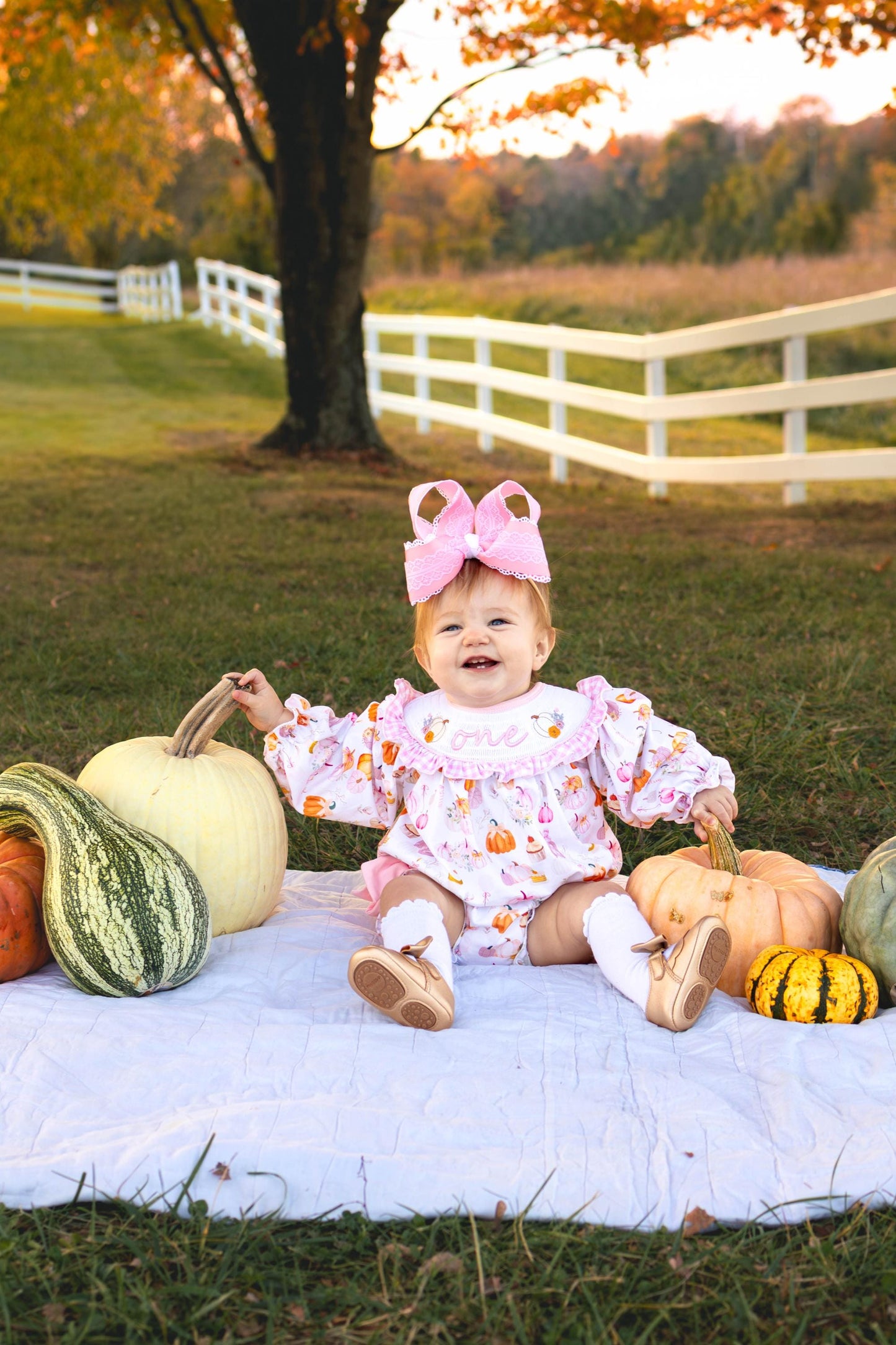 Our Little Pumpkin First Birthday Romper: Girls Smocked Pink Floral Outfit