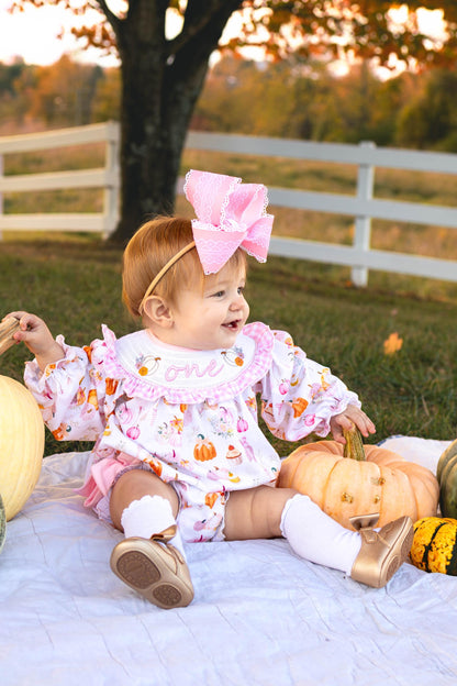Our Little Pumpkin First Birthday Romper: Girls Smocked Pink Floral Outfit