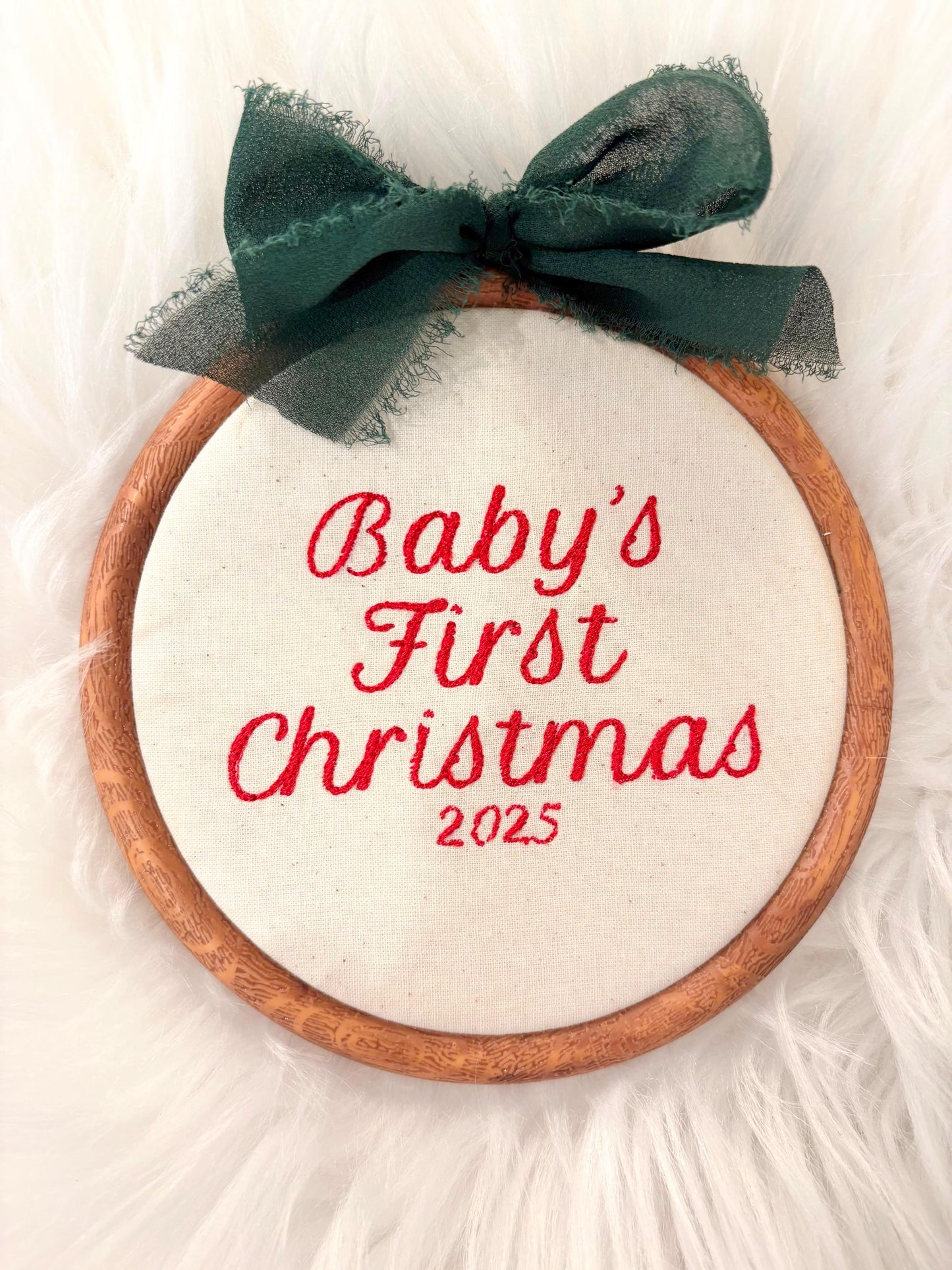red and green Custom Name Embroidery Hoop, Newborn Baby&#39;s First Christmas Embroidered Hoop Ornament Keepsake Milestone baby name hoop, holiday baby embroidery customized baby name linen red blue pink beige neutral green gold, wooden embroidery hoop baby room decor, first milestone keepsake