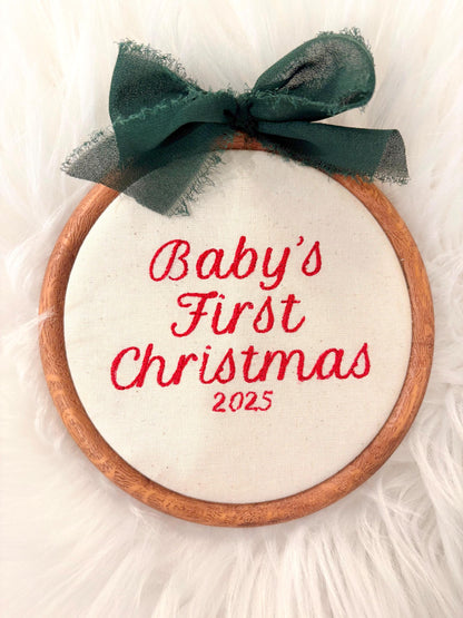 red and green Custom Name Embroidery Hoop, Newborn Baby&#39;s First Christmas Embroidered Hoop Ornament Keepsake Milestone baby name hoop, holiday baby embroidery customized baby name linen red blue pink beige neutral green gold, wooden embroidery hoop baby room decor, first milestone keepsake