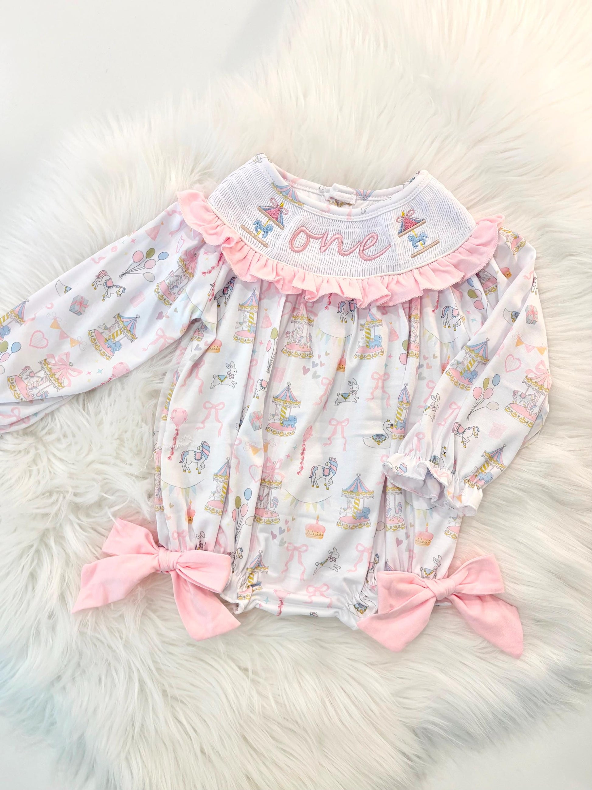 carousel merry go round girls first birthday bubble romper outfit pink bows first birthday girl romper pink and white outfit, pink blue green white pastel smocked romper first birthday embroidered carousel smocked short sleeve 1st birthday outfit ruffle outfit baby girls, the mod mango baby boutique co