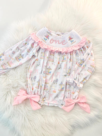 carousel merry go round girls first birthday bubble romper outfit pink bows first birthday girl romper pink and white outfit, pink blue green white pastel smocked romper first birthday embroidered carousel smocked short sleeve 1st birthday outfit ruffle outfit baby girls, the mod mango baby boutique co