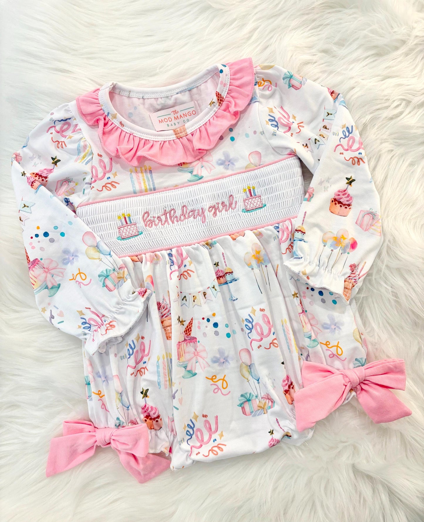 pink first birthday smocked bubble romper outfit its fun to be one pink bow ruffle first birthday girl romper pink and white outfit, birthday cake pink white smocked bubble romper first birthday winter bows ruffle bows  embroidered smocked long sleeve 1st birthday outfit romper baby girls, the mod mango baby boutique co