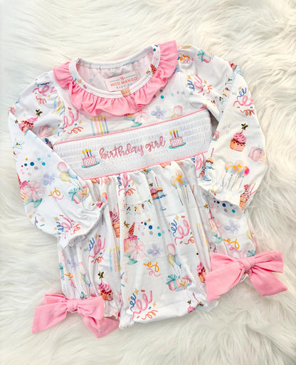 pink first birthday smocked bubble romper outfit its fun to be one pink bow ruffle first birthday girl romper pink and white outfit, birthday cake pink white smocked bubble romper first birthday winter bows ruffle bows  embroidered smocked long sleeve 1st birthday outfit romper baby girls, the mod mango baby boutique co