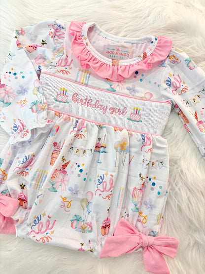 pink first birthday smocked bubble romper outfit its fun to be one pink bow ruffle first birthday girl romper pink and white outfit, birthday cake pink white smocked bubble romper first birthday winter bows ruffle bows  embroidered smocked long sleeve 1st birthday outfit romper baby girls, the mod mango baby boutique co