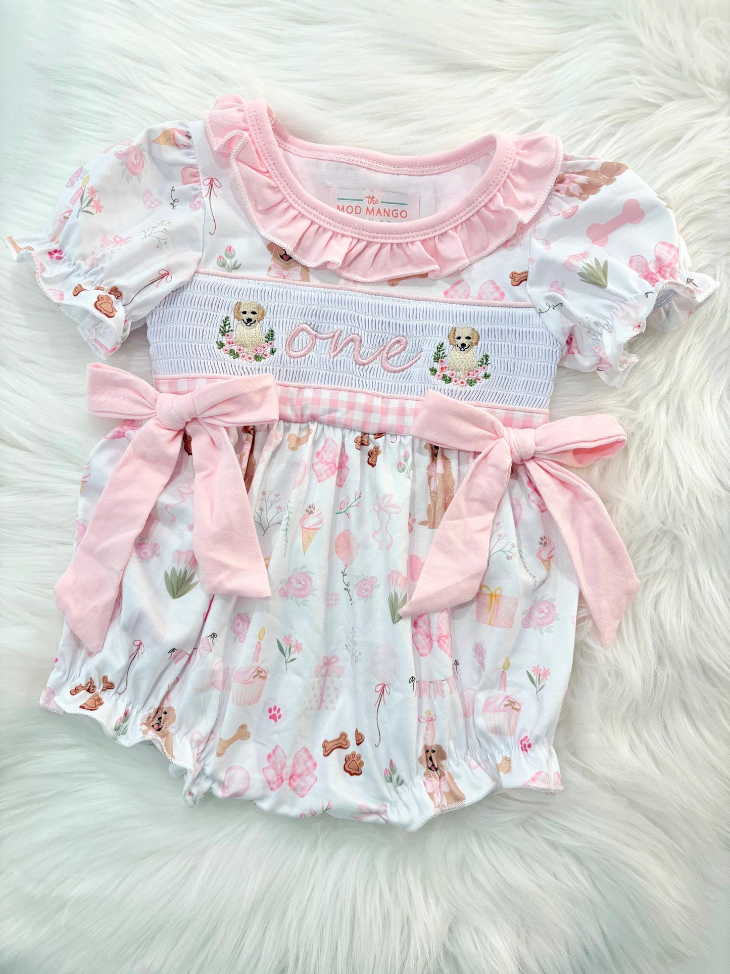 one golden year first birthday outfit bubble romper pink and white gingham and bows first birthday girl romper pink and white gingham outfit, girls golden retriever puppy dog sweet white smocked bubble romper first birthday spring summer bows ruffle embroidered smocked puppy 1st birthday outfit romper baby girl cake smash outfit