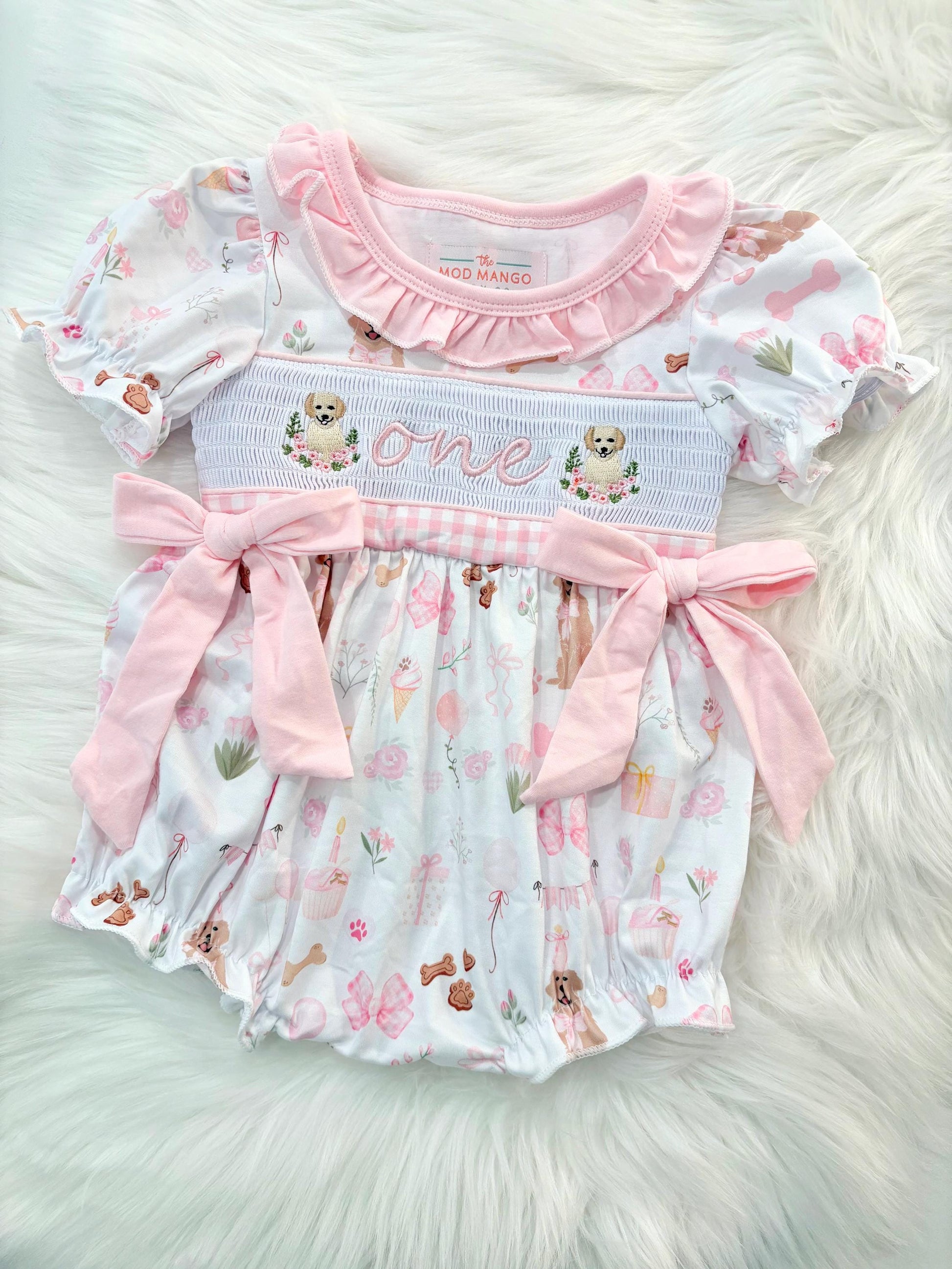 one golden year first birthday outfit bubble romper pink and white gingham and bows first birthday girl romper pink and white gingham outfit, girls golden retriever puppy dog sweet white smocked bubble romper first birthday spring summer bows ruffle embroidered smocked puppy 1st birthday outfit romper baby girl cake smash outfit