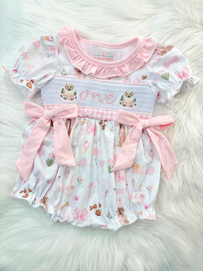 one golden year first birthday outfit bubble romper pink and white gingham and bows first birthday girl romper pink and white gingham outfit, girls golden retriever puppy dog sweet white smocked bubble romper first birthday spring summer bows ruffle embroidered smocked puppy 1st birthday outfit romper baby girl cake smash outfit