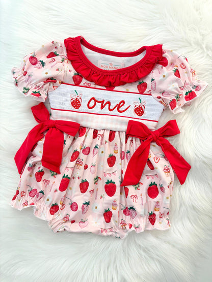 Strawberry First Birthday Smocked Romper: Berry 1st Baby Girl Outfit