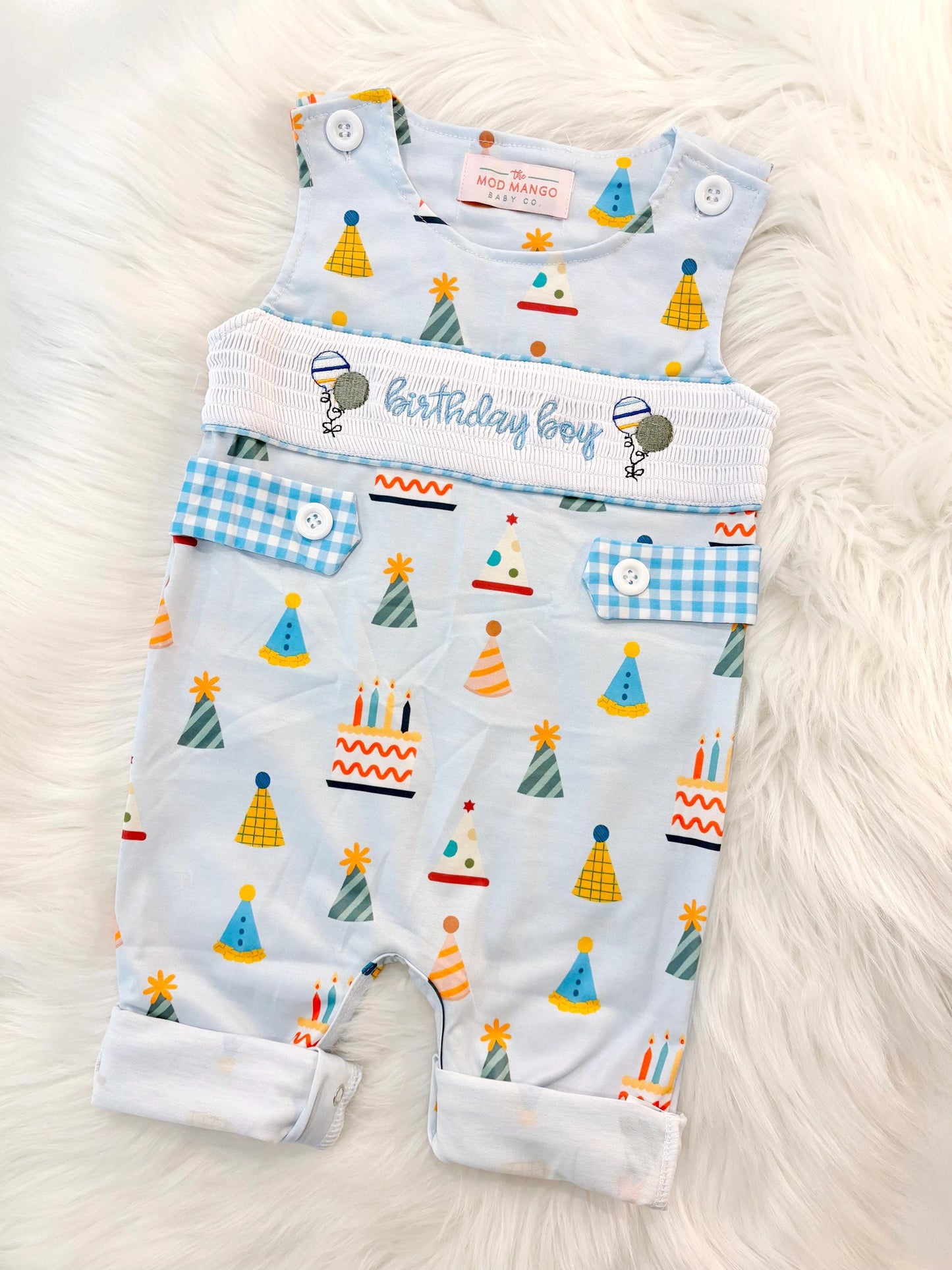 it&#39;s fun to be one first birthday boy romper blue colorful longtalls blue white gingham smash cake outfit overalls, ONE smocked romper first birthday party hats, balloons embroidered smocked spring summer fall 1st birthday boy outfit romper baby boys rodeo 1st birthday cake smash outfit, the mod mango baby boutique co, boys first birthday outfit theme