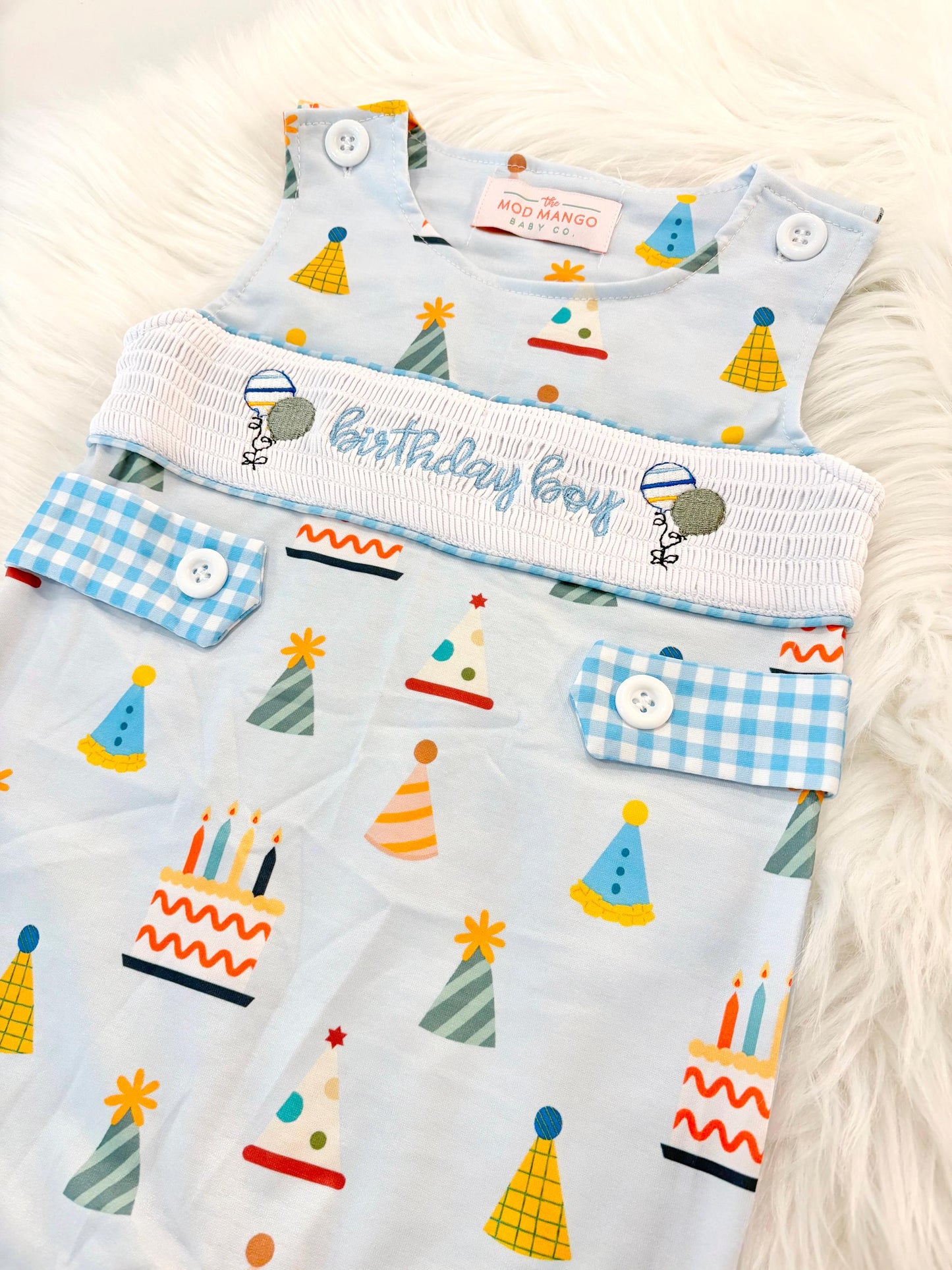 it&#39;s fun to be one first birthday boy romper blue colorful longtalls blue white gingham smash cake outfit overalls, ONE smocked romper first birthday party hats, balloons embroidered smocked spring summer fall 1st birthday boy outfit romper baby boys rodeo 1st birthday cake smash outfit, the mod mango baby boutique co, boys first birthday outfit theme