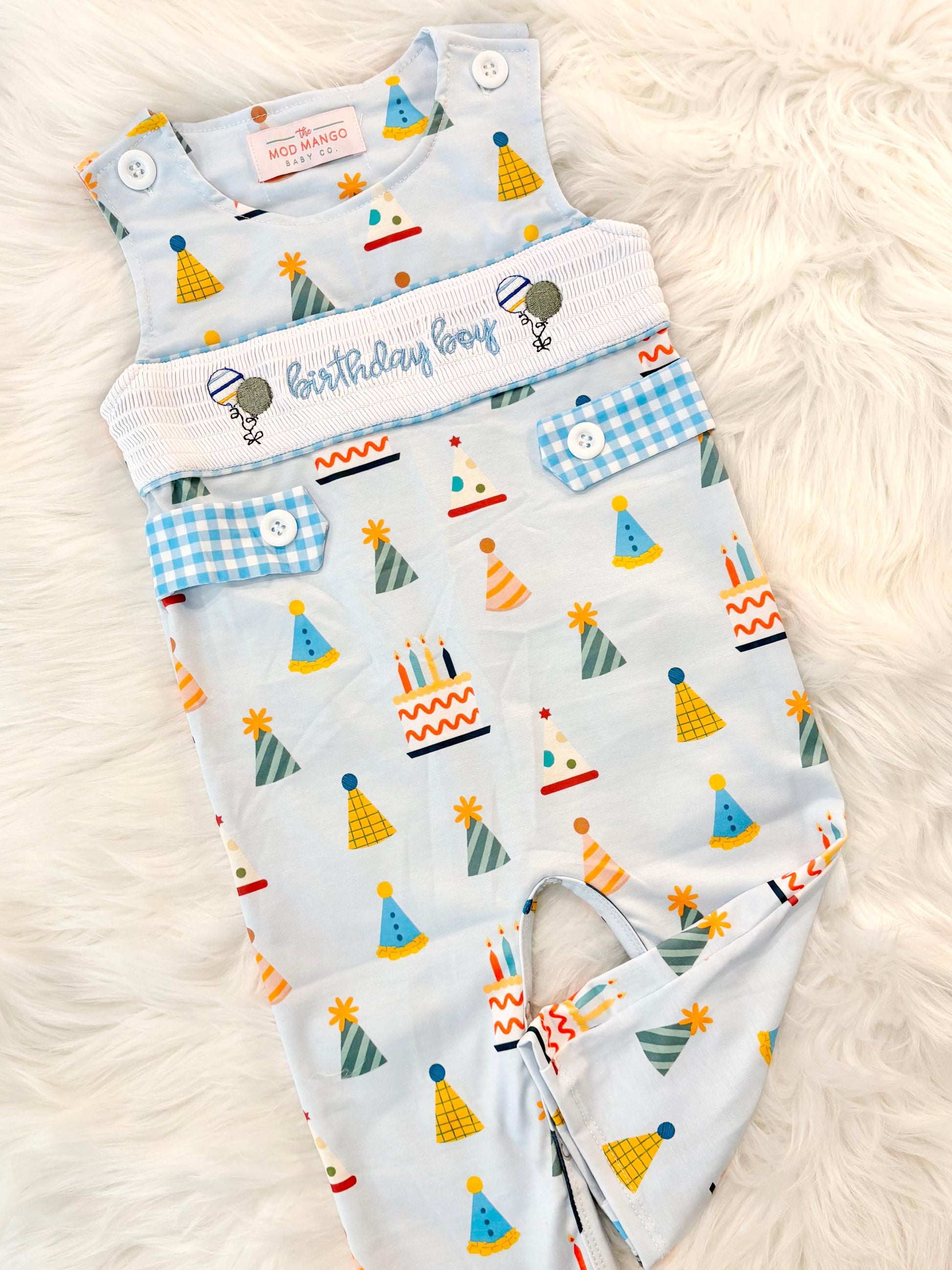 it&#39;s fun to be one first birthday boy romper blue colorful longtalls blue white gingham smash cake outfit overalls, ONE smocked romper first birthday party hats, balloons embroidered smocked spring summer fall 1st birthday boy outfit romper baby boys rodeo 1st birthday cake smash outfit, the mod mango baby boutique co, boys first birthday outfit theme