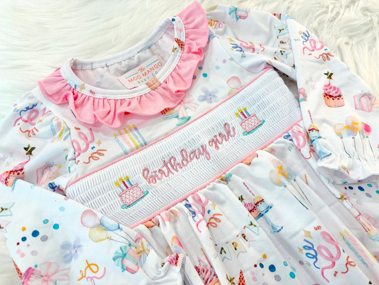 pink first birthday smocked bubble romper outfit its fun to be one pink bow ruffle first birthday girl romper pink and white outfit, birthday cake pink white smocked bubble romper first birthday winter bows ruffle bows  embroidered smocked long sleeve 1st birthday outfit romper baby girls, the mod mango baby boutique co