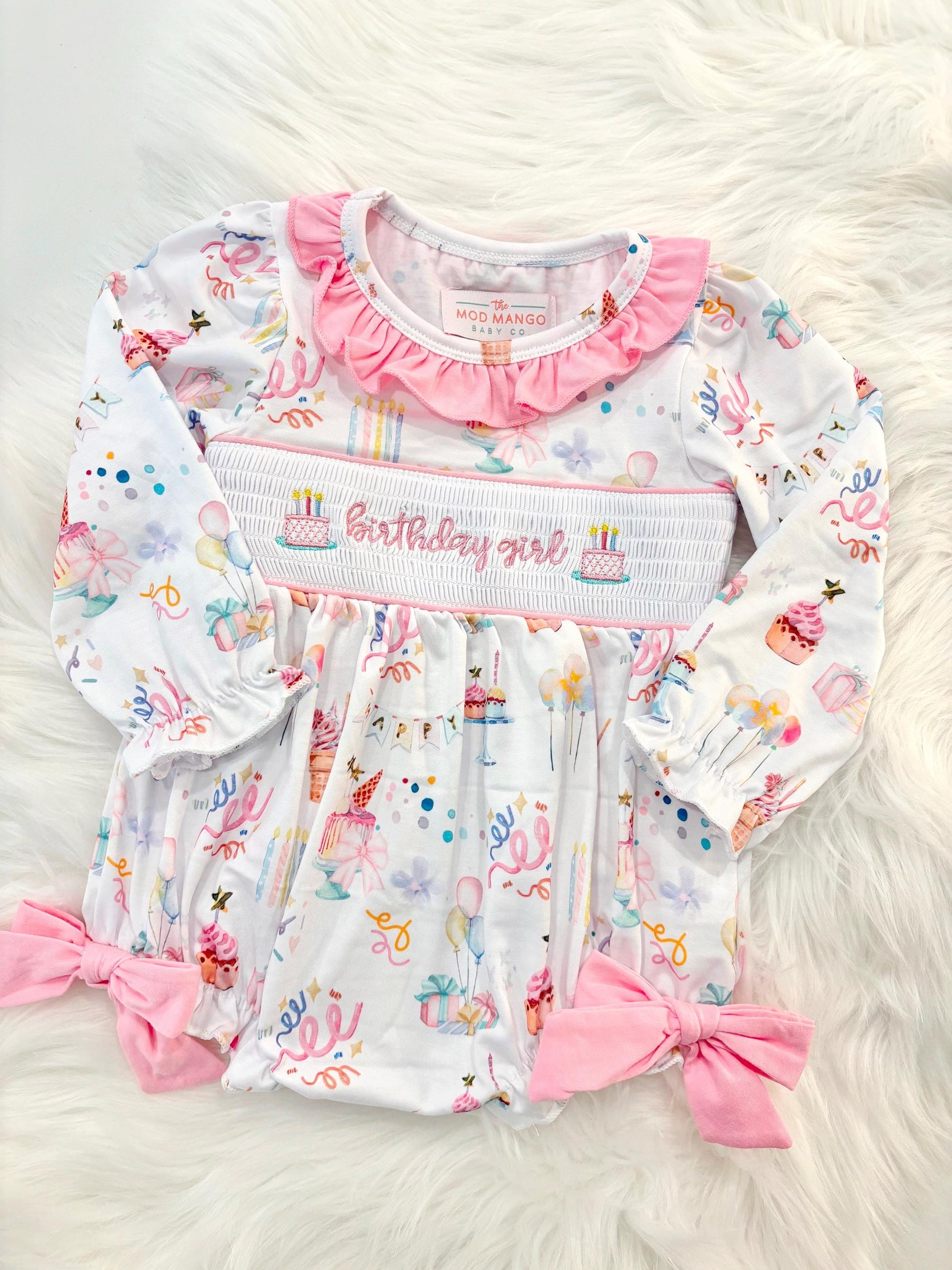pink first birthday smocked bubble romper outfit its fun to be one pink bow ruffle first birthday girl romper pink and white outfit, birthday cake pink white smocked bubble romper first birthday winter bows ruffle bows  embroidered smocked long sleeve 1st birthday outfit romper baby girls, the mod mango baby boutique co
