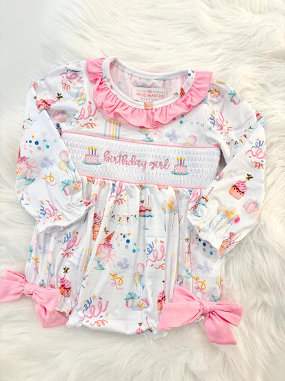 pink first birthday smocked bubble romper outfit its fun to be one pink bow ruffle first birthday girl romper pink and white outfit, birthday cake pink white smocked bubble romper first birthday winter bows ruffle bows  embroidered smocked long sleeve 1st birthday outfit romper baby girls, the mod mango baby boutique co