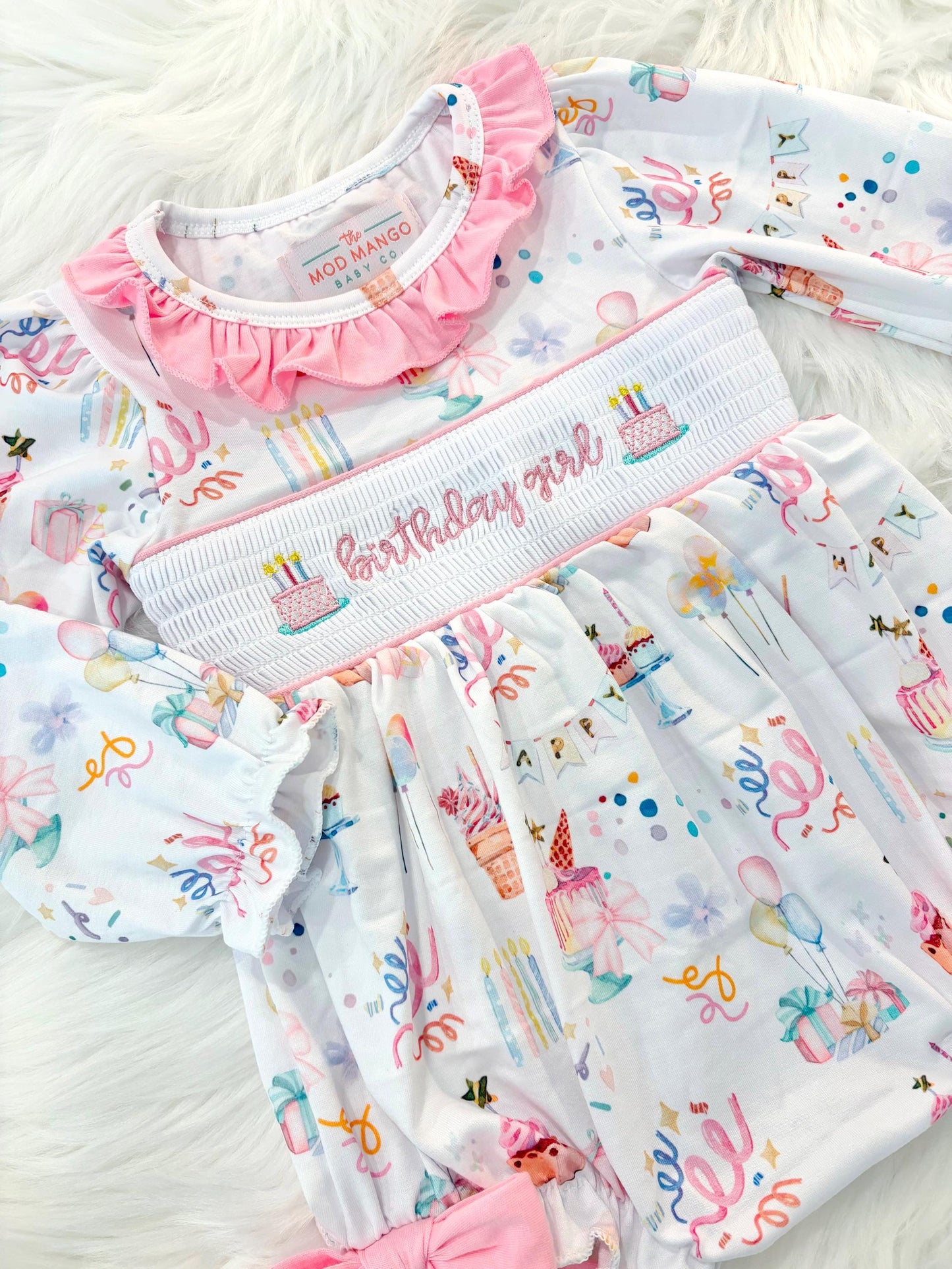 pink first birthday smocked bubble romper outfit its fun to be one pink bow ruffle first birthday girl romper pink and white outfit, birthday cake pink white smocked bubble romper first birthday winter bows ruffle bows  embroidered smocked long sleeve 1st birthday outfit romper baby girls, the mod mango baby boutique co