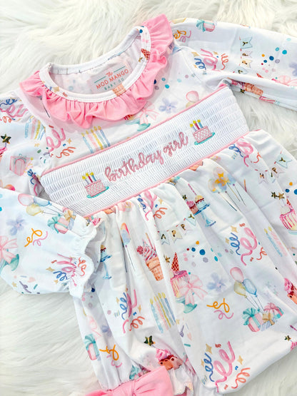 pink first birthday smocked bubble romper outfit its fun to be one pink bow ruffle first birthday girl romper pink and white outfit, birthday cake pink white smocked bubble romper first birthday winter bows ruffle bows  embroidered smocked long sleeve 1st birthday outfit romper baby girls, the mod mango baby boutique co