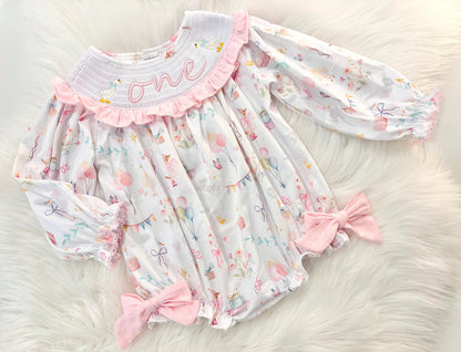 one silly goose girls first birthday bubble romper outfit pink bows first birthday girl romper pink and white outfit, pink sage green smocked dress first birthday embroidered  goose smocked short sleeve 1st birthday outfit ruffle dress baby girls