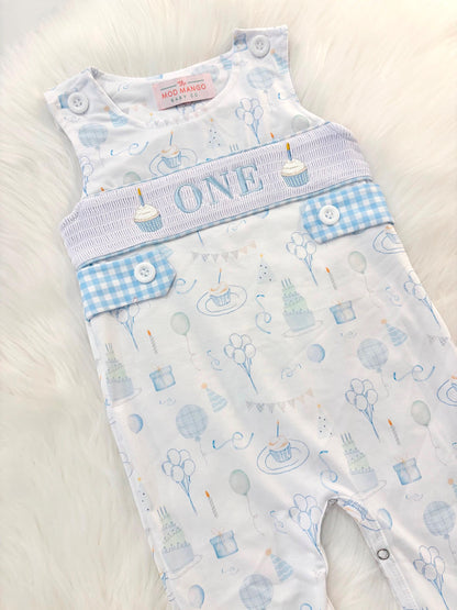 blue and white gingham checkered first birthday romper pants outfit, one is fun first birthday outfit, it's fun to be one first birthday boy romper blue green longtalls blue white gingham smash cake outfit overalls, ONE smocked romper first birthday party hats, balloons embroidered smocked spring summer fall 1st birthday boy outfit romper baby boys 1st birthday cake smash outfit, the mod mango baby boutique co, boys first birthday outfit theme