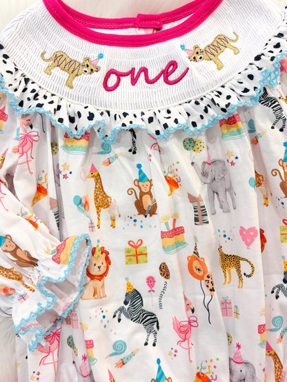 zoo party circus animal first birthday outfit, pink first birthday smocked bubble romper outfit hot pink animal print bow ruffle first birthday girl romper pink and white outfit, colorful rainbow pink turquoise white smocked bubble romper first birthday winter bows ruffle bows  embroidered smocked long sleeve 1st birthday outfit romper baby girls, the mod mango baby boutique co