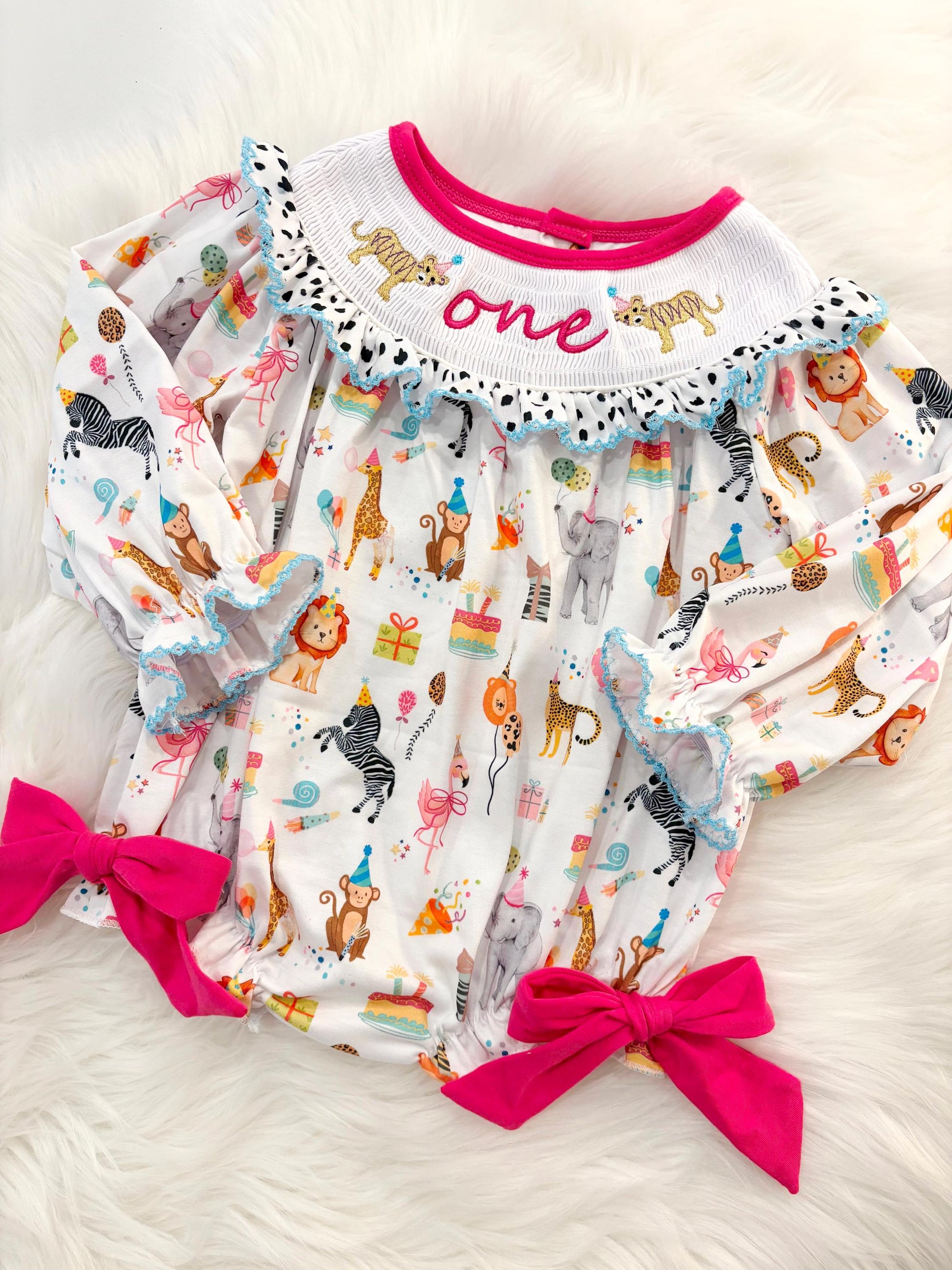 Party Animal First Birthday Girl Outfit Hot Pink Bow ONE Smocked Romper
