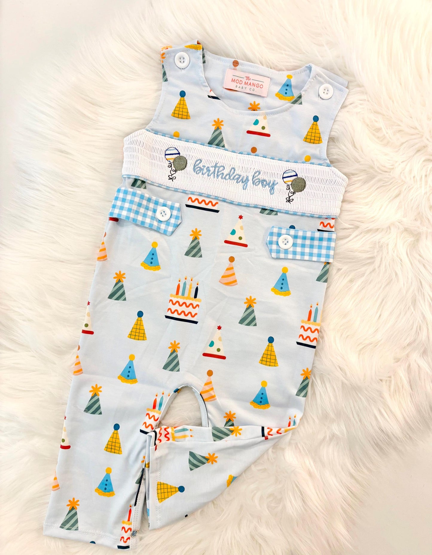 it&#39;s fun to be one first birthday boy romper blue colorful longtalls blue white gingham smash cake outfit overalls, ONE smocked romper first birthday party hats, balloons embroidered smocked spring summer fall 1st birthday boy outfit romper baby boys rodeo 1st birthday cake smash outfit, the mod mango baby boutique co, boys first birthday outfit theme