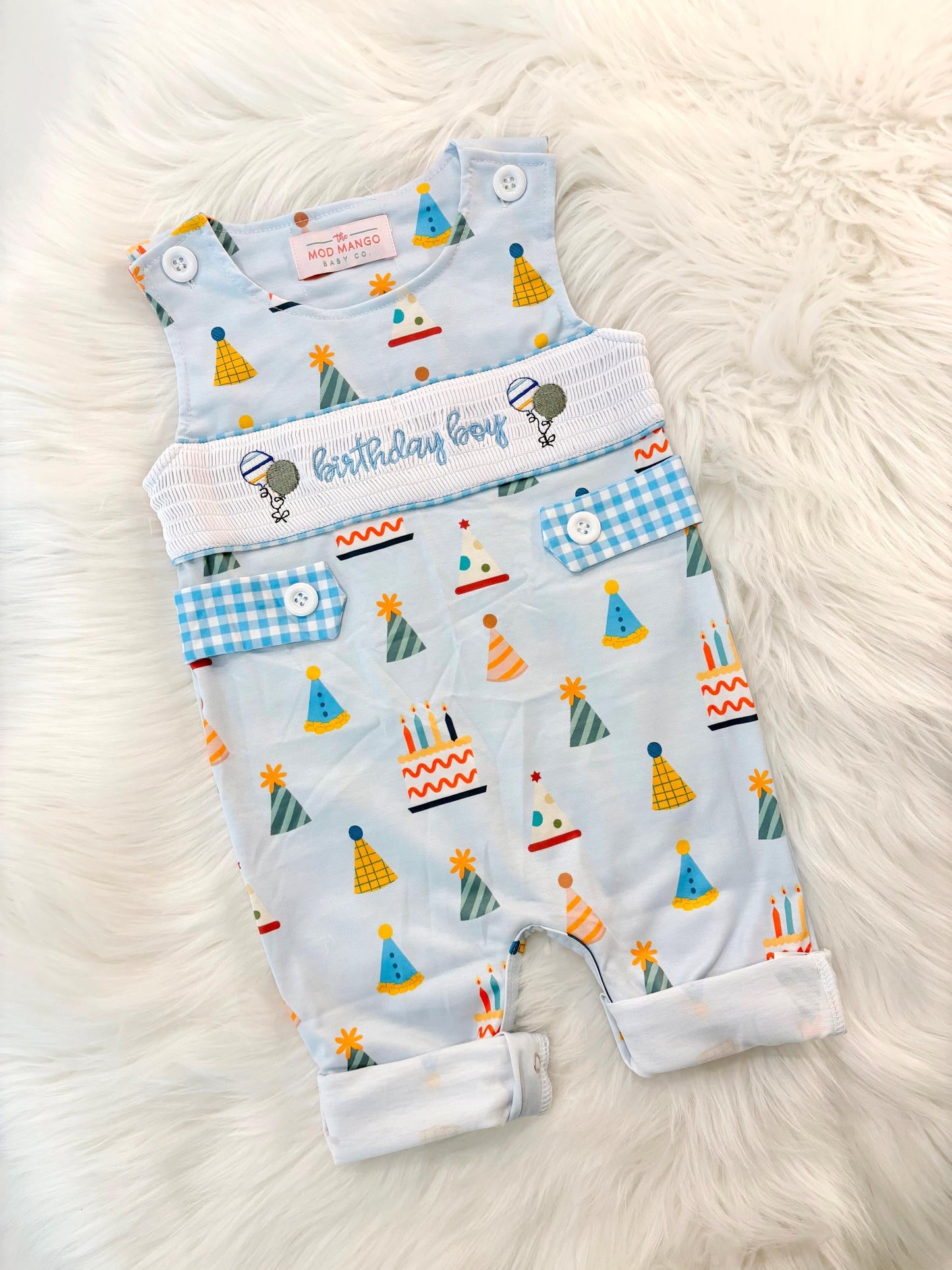 it&#39;s fun to be one first birthday boy romper blue colorful longtalls blue white gingham smash cake outfit overalls, ONE smocked romper first birthday party hats, balloons embroidered smocked spring summer fall 1st birthday boy outfit romper baby boys rodeo 1st birthday cake smash outfit, the mod mango baby boutique co, boys first birthday outfit theme