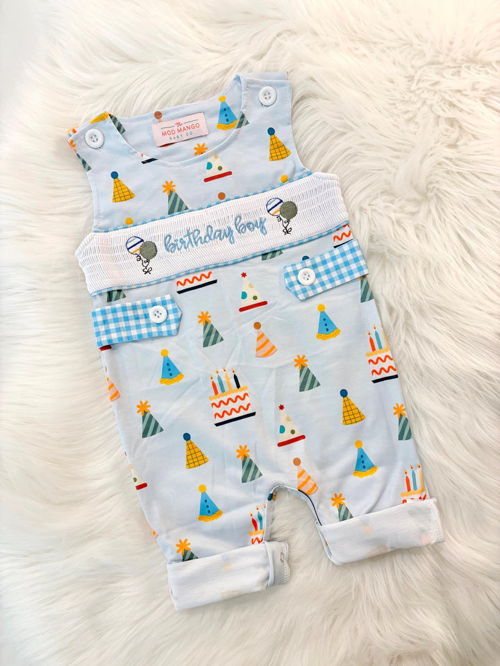 one is fun first birthday outfit, it's fun to be one first birthday boy romper blue colorful longtalls blue white gingham smash cake outfit overalls, ONE smocked romper first birthday party hats, balloons embroidered smocked spring summer fall 1st birthday boy outfit romper baby boys rodeo 1st birthday cake smash outfit, the mod mango baby boutique co, boys first birthday outfit theme