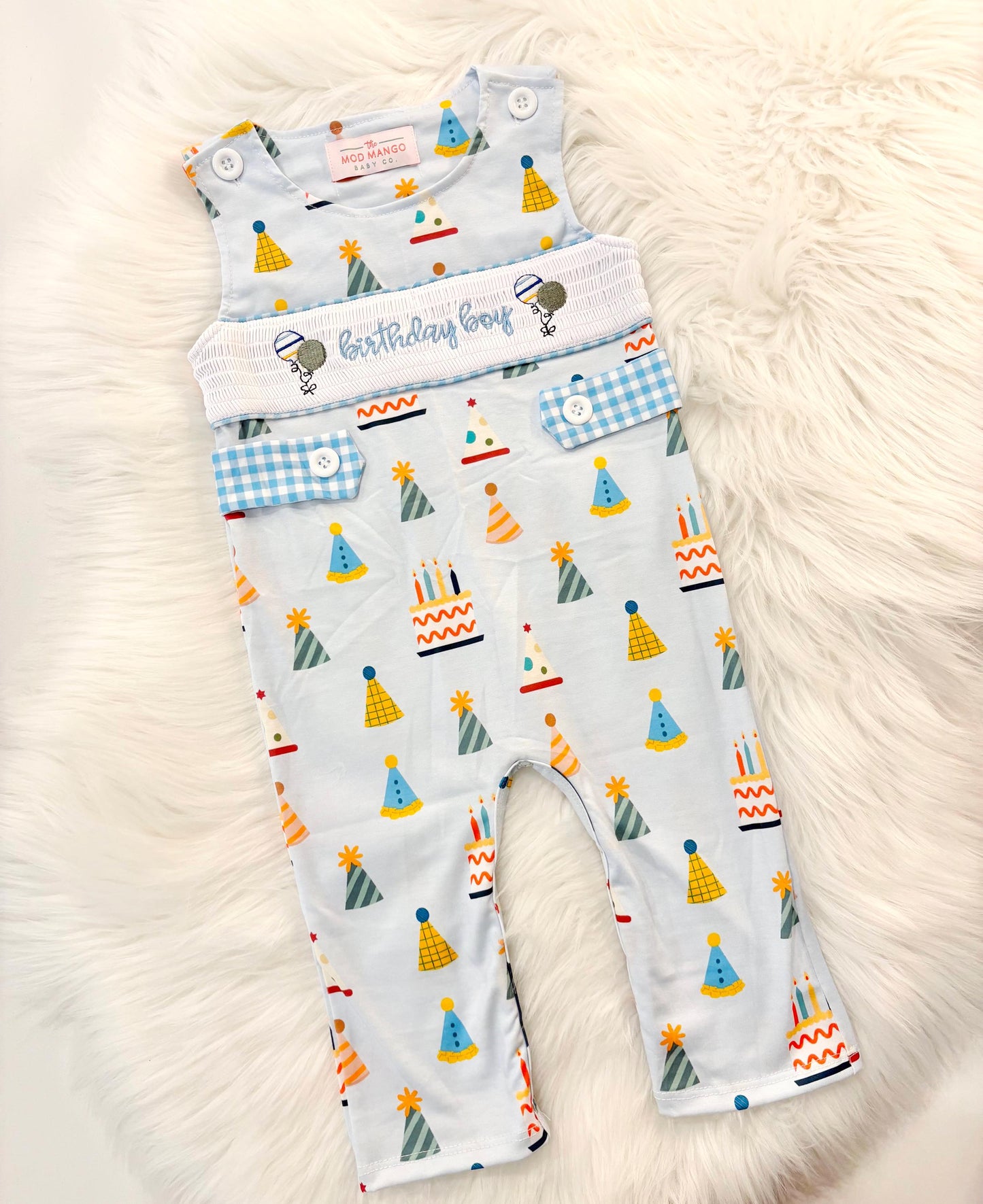 it&#39;s fun to be one first birthday boy romper blue colorful longtalls blue white gingham smash cake outfit overalls, ONE smocked romper first birthday party hats, balloons embroidered smocked spring summer fall 1st birthday boy outfit romper baby boys rodeo 1st birthday cake smash outfit, the mod mango baby boutique co, boys first birthday outfit theme