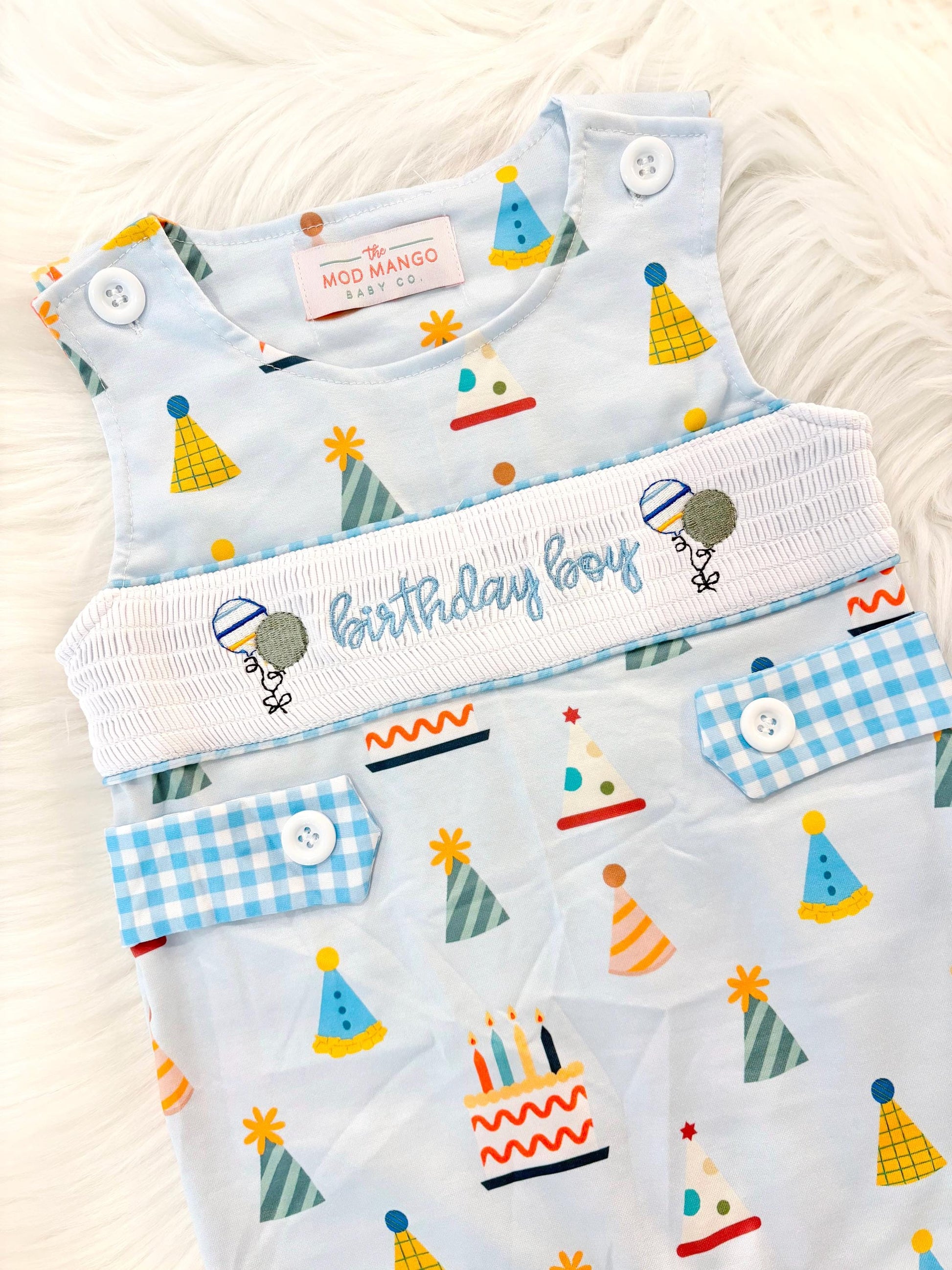 it&#39;s fun to be one first birthday boy romper blue colorful longtalls blue white gingham smash cake outfit overalls, ONE smocked romper first birthday party hats, balloons embroidered smocked spring summer fall 1st birthday boy outfit romper baby boys rodeo 1st birthday cake smash outfit, the mod mango baby boutique co, boys first birthday outfit theme