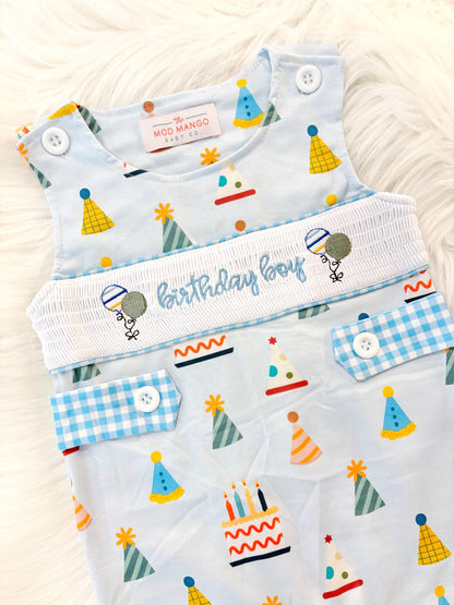 it&#39;s fun to be one first birthday boy romper blue colorful longtalls blue white gingham smash cake outfit overalls, ONE smocked romper first birthday party hats, balloons embroidered smocked spring summer fall 1st birthday boy outfit romper baby boys rodeo 1st birthday cake smash outfit, the mod mango baby boutique co, boys first birthday outfit theme
