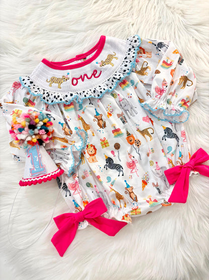 Party Animal First Birthday Girl Outfit Hot Pink Bow ONE Smocked Romper