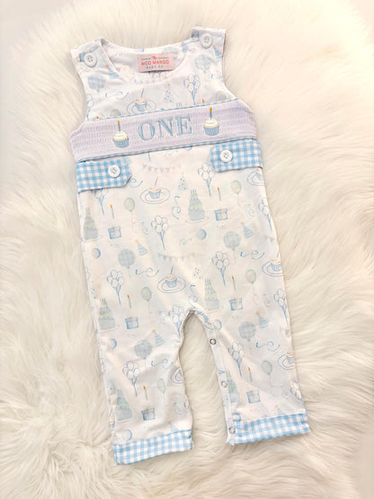blue and white gingham checkered first birthday cupcakes romper pants outfit, one is fun first birthday outfit, it&#39;s fun to be one first birthday boy romper blue green longtalls blue white gingham smash cake outfit overalls, ONE smocked romper first birthday party hats, balloons embroidered smocked spring summer fall 1st birthday boy outfit romper baby boys 1st birthday cake smash outfit, the mod mango baby boutique co, boys first birthday outfit theme