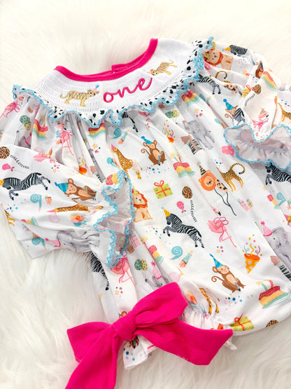 zoo party circus animal first birthday outfit, pink first birthday smocked bubble romper outfit hot pink animal print bow ruffle first birthday girl romper pink and white outfit, colorful rainbow pink turquoise white smocked bubble romper first birthday winter bows ruffle bows  embroidered smocked long sleeve 1st birthday outfit romper baby girls, the mod mango baby boutique co