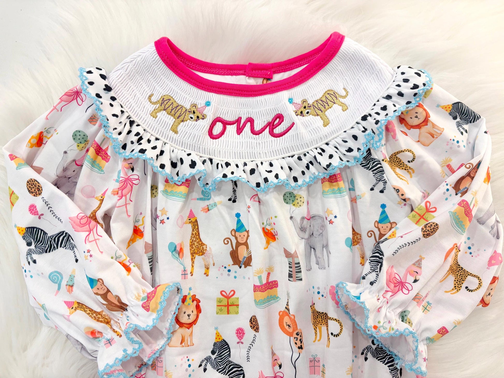 zoo party circus animal first birthday outfit, pink first birthday smocked bubble romper outfit hot pink animal print bow ruffle first birthday girl romper pink and white outfit, colorful rainbow pink turquoise white smocked bubble romper first birthday winter bows ruffle bows  embroidered smocked long sleeve 1st birthday outfit romper baby girls, the mod mango baby boutique co