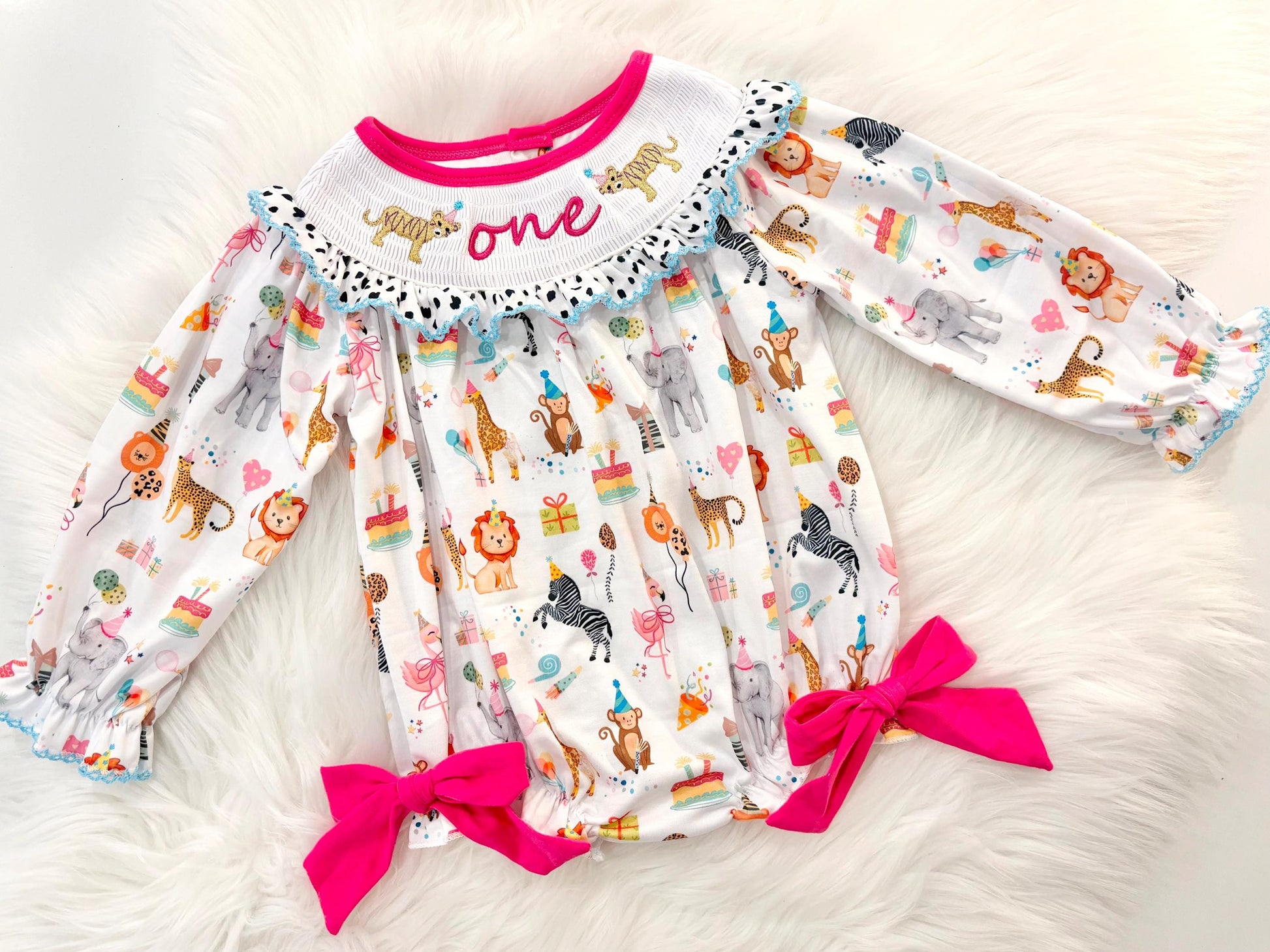 zoo party circus animal first birthday outfit, pink first birthday smocked bubble romper outfit hot pink animal print bow ruffle first birthday girl romper pink and white outfit, colorful rainbow pink turquoise white smocked bubble romper first birthday winter bows ruffle bows  embroidered smocked long sleeve 1st birthday outfit romper baby girls, the mod mango baby boutique co