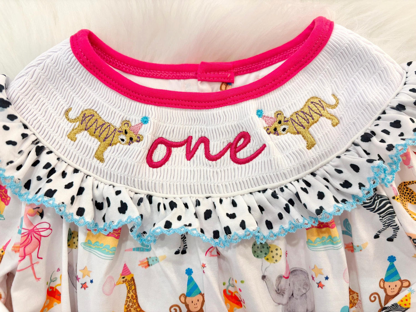 zoo party circus animal first birthday outfit, pink first birthday smocked bubble romper outfit hot pink animal print bow ruffle first birthday girl romper pink and white outfit, colorful rainbow pink turquoise white smocked bubble romper first birthday winter bows ruffle bows  embroidered smocked long sleeve 1st birthday outfit romper baby girls, the mod mango baby boutique co