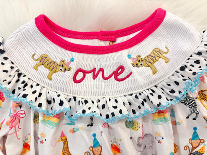 zoo party circus animal first birthday outfit, pink first birthday smocked bubble romper outfit hot pink animal print bow ruffle first birthday girl romper pink and white outfit, colorful rainbow pink turquoise white smocked bubble romper first birthday winter bows ruffle bows  embroidered smocked long sleeve 1st birthday outfit romper baby girls, the mod mango baby boutique co