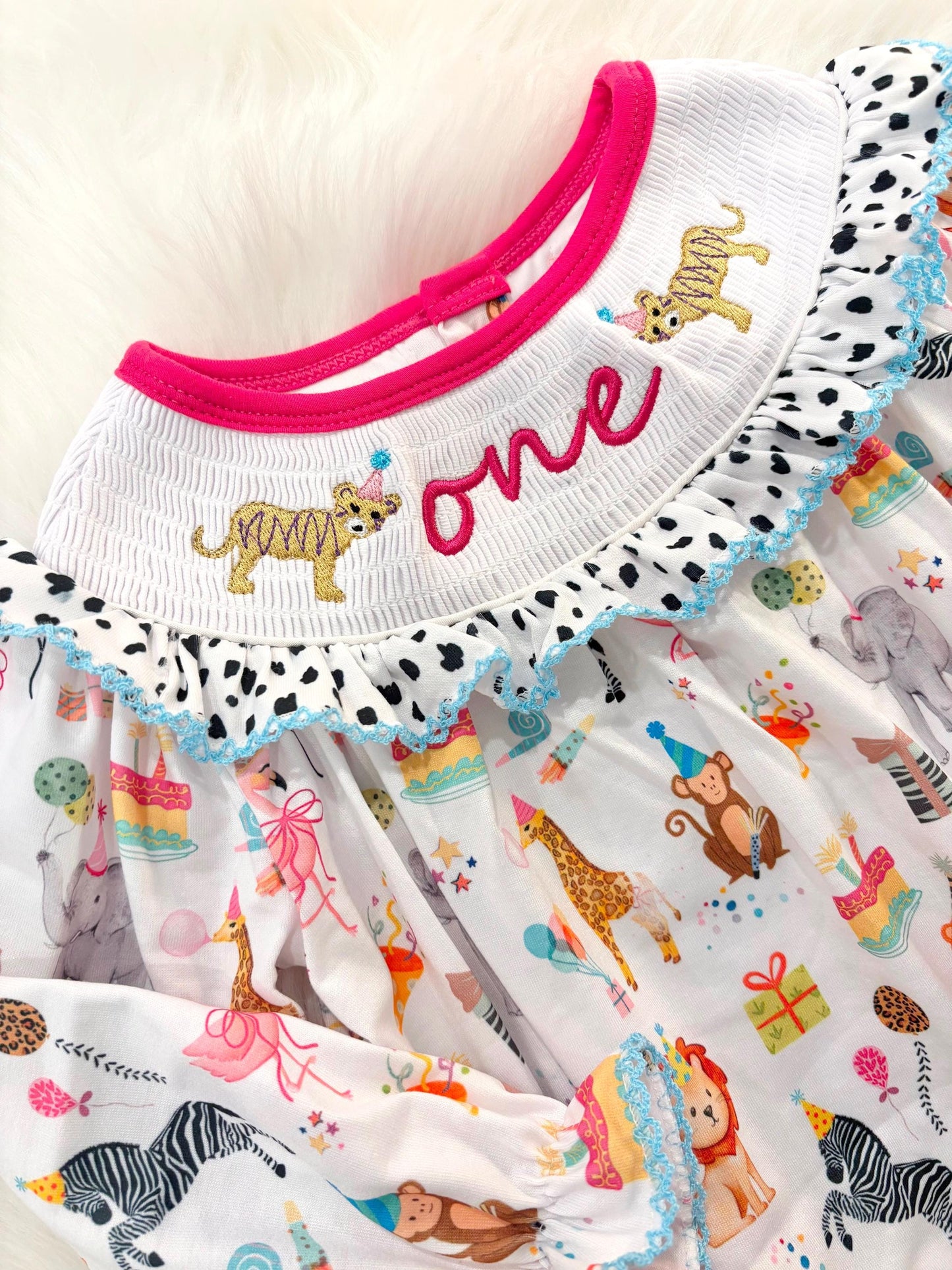 zoo party circus animal first birthday outfit, pink first birthday smocked bubble romper outfit hot pink animal print bow ruffle first birthday girl romper pink and white outfit, colorful rainbow pink turquoise white smocked bubble romper first birthday winter bows ruffle bows  embroidered smocked long sleeve 1st birthday outfit romper baby girls, the mod mango baby boutique co