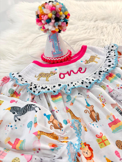 Party Animal First Birthday Girl Outfit Hot Pink Bow ONE Smocked Romper